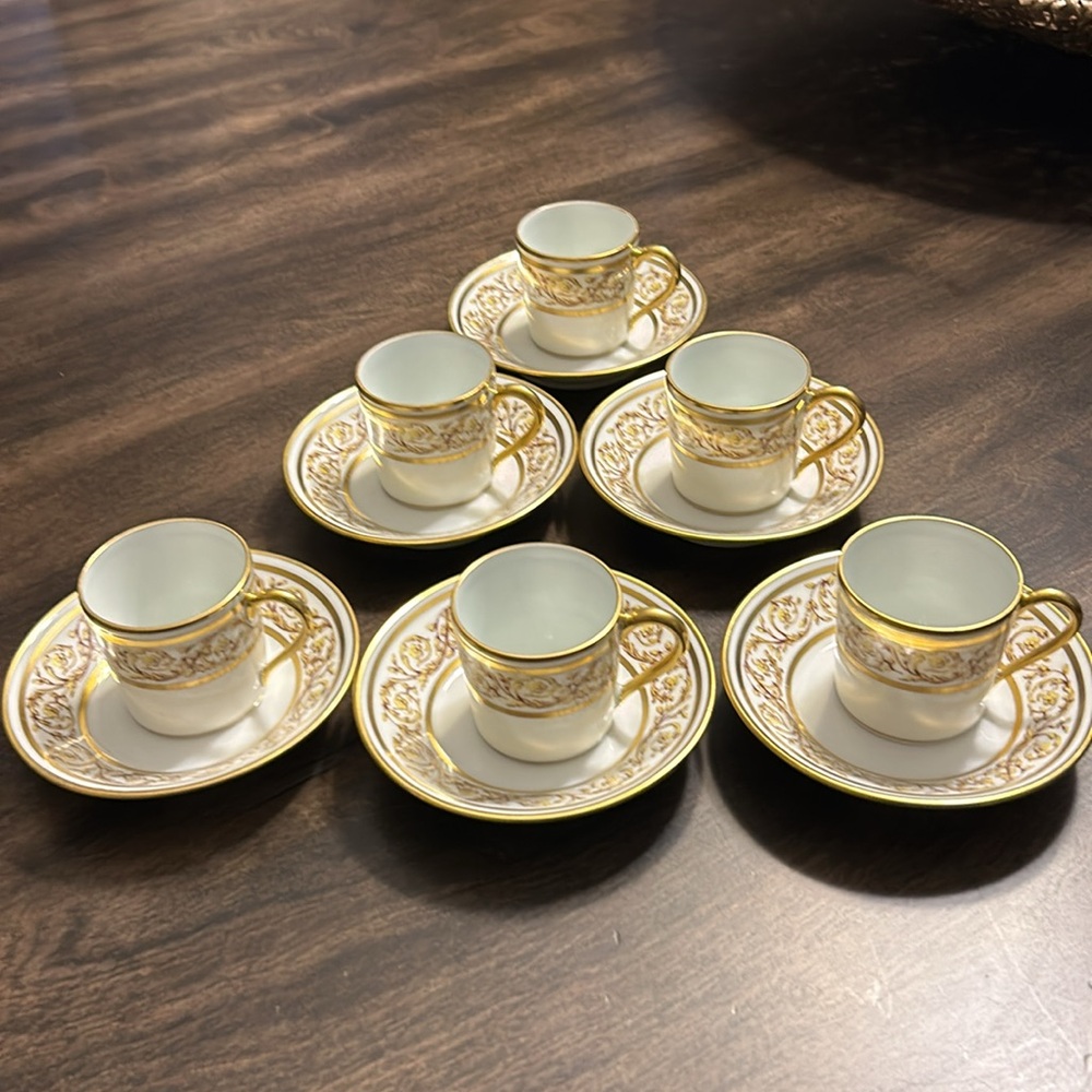 Elegant White and Gold Porcelain Espresso Cup and Saucer Set - 6 Piece